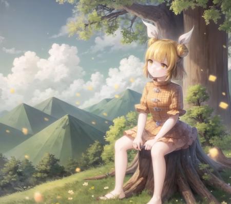 <lora:pjrmhm_coa:0.9>,  <lora:joutouguu_mayumi:1>, solo, sitting, forest, tree stump