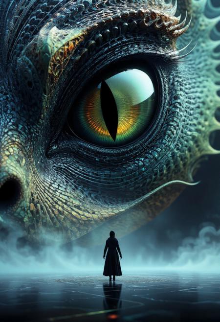 a striking and surreal scene that combines elements of both the natural world and fantasy. Dominating the composition is a massive, reptilian eye, filling almost the entire frame. The eye is highly detailed, with a slit-like pupil that suggests it belongs to a large, powerful creature, perhaps a dragon or another mythical being. The texture around the eye is rugged and scaly, giving the impression of ancient, weathered skin. In the lower portion of the image, a solitary human figure stands before the eye, dressed in a flowing black robe. The figure is tiny in comparison to the colossal eye, emphasizing the vast difference in scale and power between the two. The person stands on a surface that appears to be water or mist, which reflects the eerie, otherworldly light that surrounds the scene. The atmosphere is misty and dreamlike, adding to the sense of mystery and awe. Overall, the image is both dramatic and thought-provoking, blending cultural elements with a fantastical imagination to create a visually captivating scene. made out of fractangles, PG rating, sfw,
