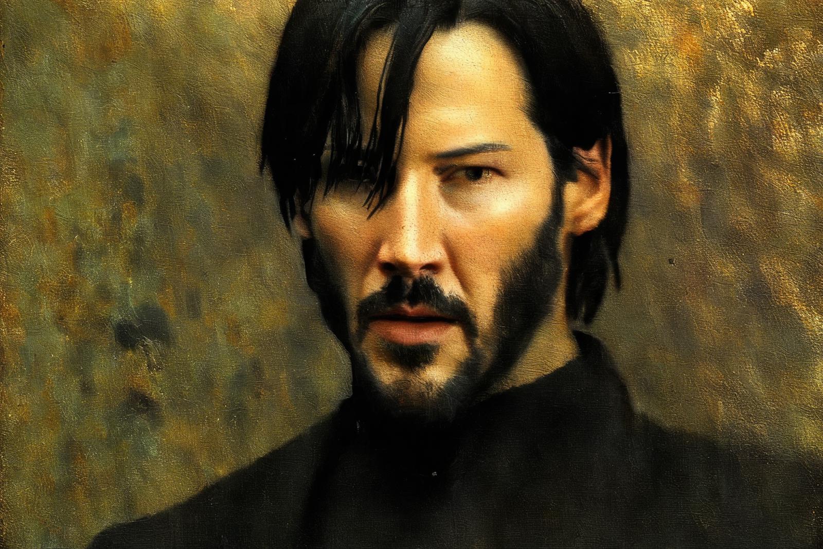 A painting of a man with a goatee and a mustache, wearing a black shirt.