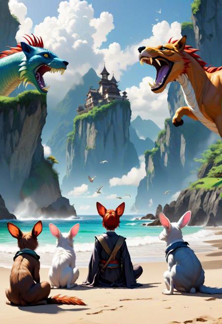 5 Children with different animal instead of human ears and slight animal features playing happily on a beach of pearls in a fantasy world.