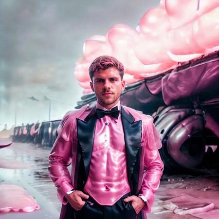 DSLR photo of guillechoa person using a tuxedo of latexai_pink.portrait.in blade runner.daylight.professional photography.high resolution.detailed photo.RAW.still film.f/16.uhd.hdr.4k. photo by Sacha Goldberger <lora:guillechoa_66150:1> <lora:LatexAIV2:1>