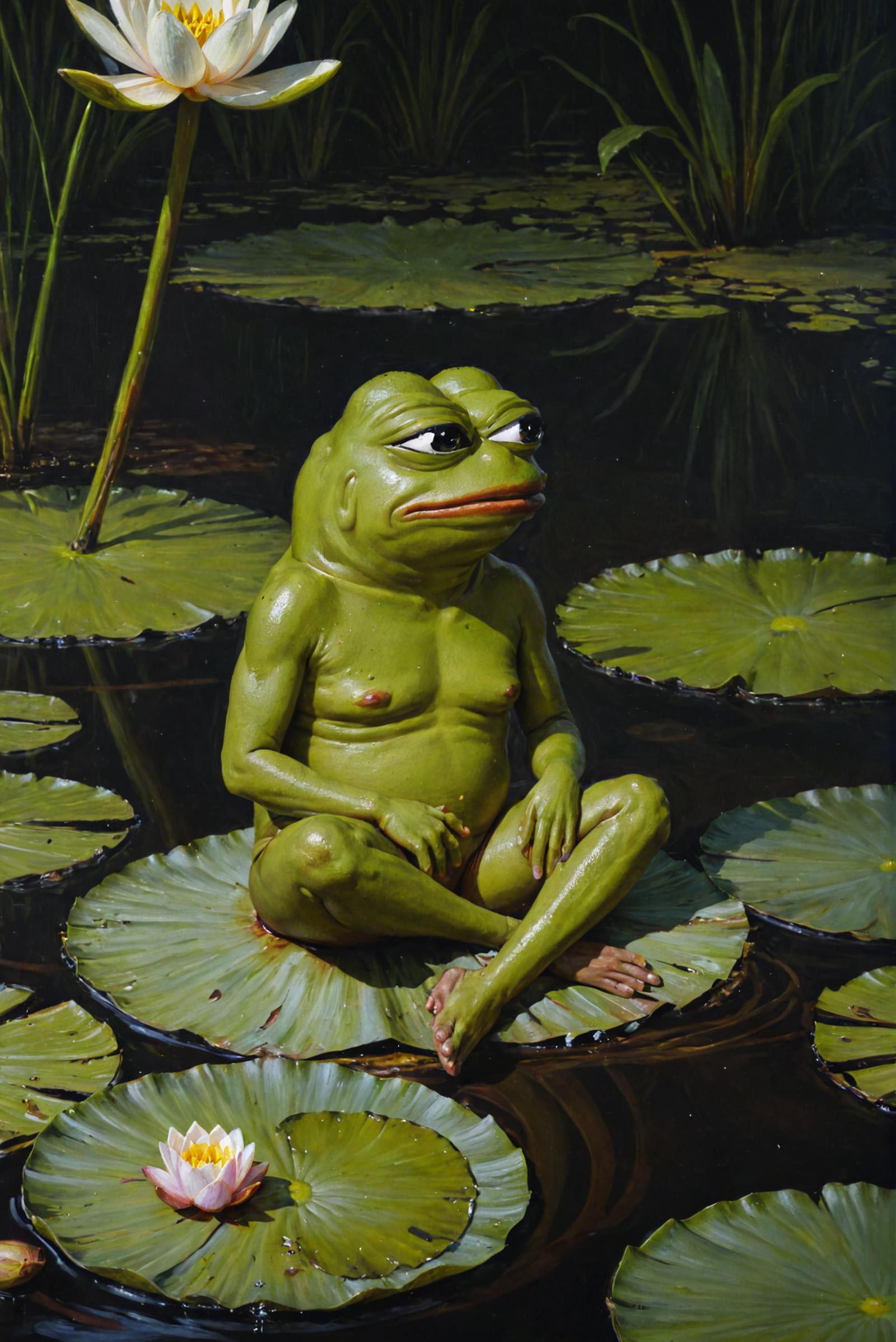 A frog with a face painted as a frog sitting on a lily pad.
