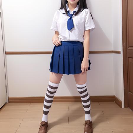 1girl, tiaowen,thighhighs,  <lora:striped thighhighs-000012:0.6>,full body, skirt, school uniform, standing, looking at viewer,, masterpiece, best quality,