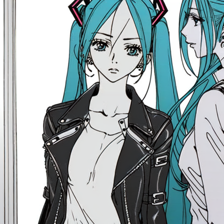 teenage, woman, hatsune miku, small breasts, leather jacket, shy, black and white, NANA, Ai Yazawa, manga, drawing lines, ink lines