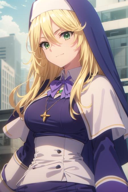 sharonholygrail, <lora:sharon holygrail s1-lora-nochekaiser:1>,
sharon holygrail, long hair, blonde hair, hair between eyes, (green eyes:1.3), smirk
BREAK bow, jewelry, earrings, bowtie, necklace, purple bow, nun, habit, purple bowtie,
BREAK outdoors, city, sky, sun, clouds, crowd, people, 
BREAK looking at viewer, (cowboy shot:1.5),
BREAK <lyco:GoodHands-beta2:1>, (masterpiece:1.2), best quality, high resolution, unity 8k wallpaper, (illustration:0.8), (beautiful detailed eyes:1.6), extremely detailed face, perfect lighting, extremely detailed CG, (perfect hands, perfect anatomy),