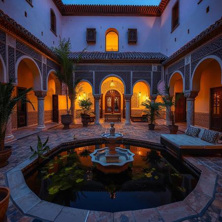 Nice inner courtyard of Arabic traditional Moroccan house, a pond with fountain,sitting area، night time, people in courtyard
masterpiece,best quality,amazing quality,very aesthetic,newest, arabic house, no human, Nice interior ,courtyard of historical arabic house,no human, Moroccan style,middle Eastern