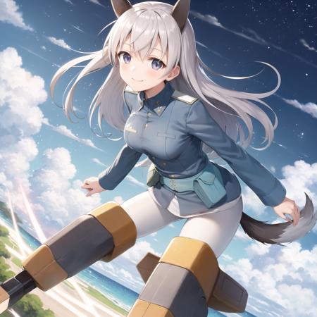 Eila, 1girl, solo, long hair, smile, animal ears, tail, weapon, pantyhose, sky, day, cloud, uniform, gun, military, fox ears, military uniform, fox tail, fox girl, flying, white pantyhose, machine gun, striker unit   <lora:Eila-10:1>