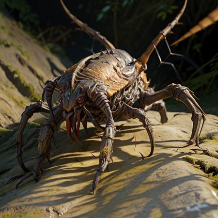  <lora:RPGAnkheg:1>ankheg:1.2, ((mandibles)), large eyes, yellow eyes, sharp teeth, antennae, spikes, ((open mouth)), meadow, realistic, 32k, cinematic, light and shadow, photorealistic, ultra photoreal, best quality