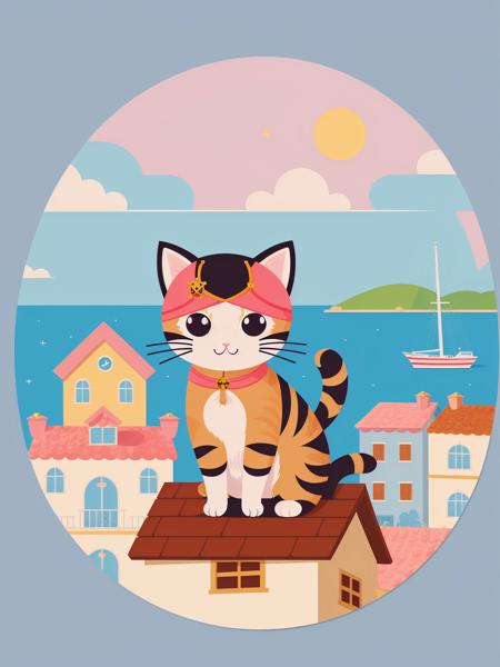 ((a cute cat pirat)), majestic, (looking over a village from a hill), ships in the distant ocean, masterpiece, best quality, Sticker, Cute sticker, Kawaii sticker, die-cut, plain background, illustration minimalism, vector, pastel colors, kawaii