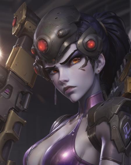 natural light, lens flare, bokeh, RAW photo, high quality photo portrait of ((overwatch widowmaker, shiny purple latex jumpsuit with combat armor, night vision goggles with green dots helmet, holding a sniper rifle)), angry expression,  sunny beach background, cyberpunk background, ambient occlusion, beautiful eyes, high definition, high resolution, (detailed skin, skin blemish:1.3), (detailed skin texture), detailed mouth, detailed chin, detailed nose, dramatic lighting, cinematic lighting, high definition, high quality, Fujifilm XT3, <lora:LowRA:0.4>, <lora:AddDetail:0.4>, <lora:FilmG3:0.3>, <lora:DSSB:0.6>, <lora:DetailedEyes:0.3>, <lora:Overwatch - Widowmaker:0.6>