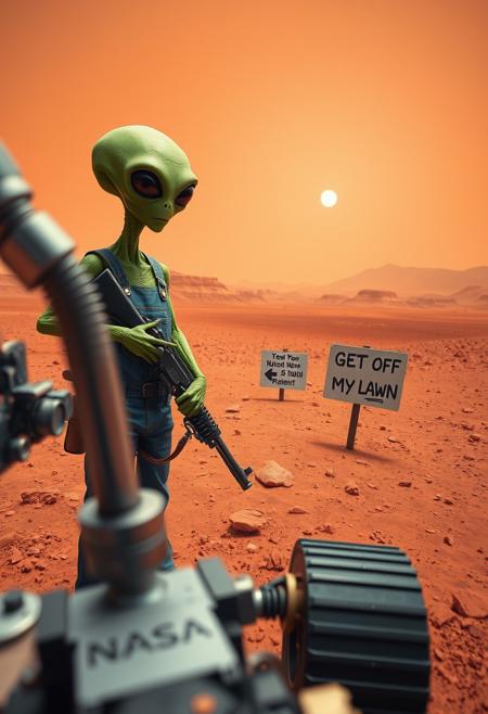 photograph of an alien on mars taken by a NASA mars rover. blurry rover robotic arm in the foreground
In the middle of the image, a green alien stands a few meters from the rover, he wears a blue jeans overall and holds a pump action shotgun. The alien looks angry.
Next to the alien is a sign that reads "get off my lawn".
The scene takes place on the surface of Mars, the ground is made of red rocks and sand, red mountains can be seen in the distance. The sky is red and dusty. The sun appears small and weak in the sky. The landscape is empty and desolate.
18mm, wide angle camera, jpg artefacts,