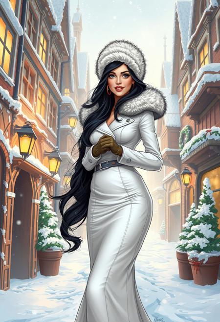 Digital illustration, (comic book artstyle reminiscent of marc simonetti, jim lee, michael turner, mixed with Pixar Disney princess). A gorgeous young woman with long dark hair standing in a frosty gingerbread town, she wears a form fitting long white winter coat with fur trim, a fur hat, and gloves, her flirty smile is alluring and inviting, the scene is industrial and reminiscent of christmas