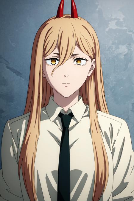 power_csm blonde hair, yellow eyes, cross-shaped pupils, symbol-shaped pupils, red horns, sharp teeth white buttoned shirt, blue jacket, black necktie, black pants, sneaker shoes