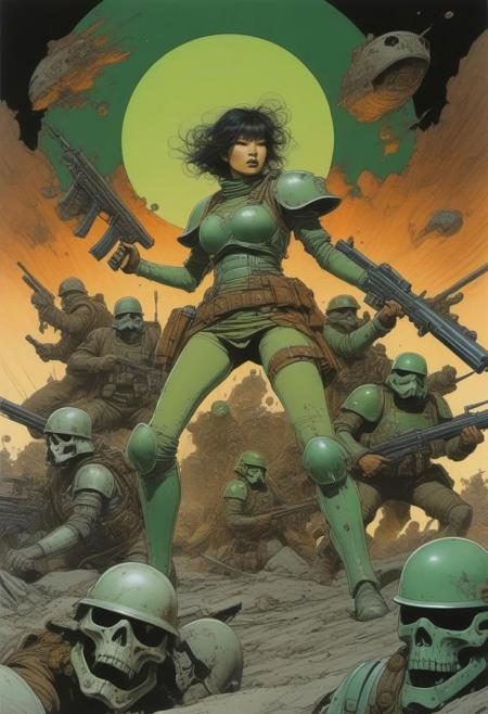 color ink painting by Moebius, Katsuya Terada, Jeffrey Catherine Jones, diesel punk, steampunk, 
dirty bloody and ragged female sturm trooper surrounded by enemies, green armor, oversized pauldrons, glowing eyes, skull ornaments, dirty realistic face, fight scene, battle scene, action scene,
WW1, battle crazed female storm soldier stands centered,  surrounded by enemies, long hair, wind, knee pads, elbow pads, ribs, fighting a horde of monsters with battle frenzy,  the battlefield, a chaotic symphony of mechanical warfare, beneath the blazing radiance of a distant sun, casting stark shadows and vibrant highlights, style blending fantastical elements with heightened realism, revealing the intricate details of the marine's command and the vivid hues of the interstellar clash, crowd, enemy crowd, atmospheric, cinematic, hyper detailed, dramatic, intricate, epic