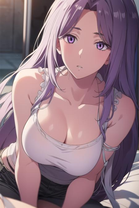 tokime, purple hair, (purple eyes:1.1), long hair, dress, bare shoulders, white dress,