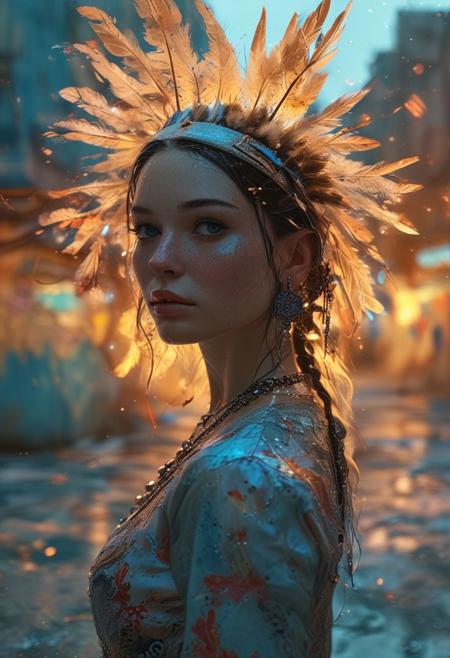 a photo portrait of soul
 (huge source of light in the center:1.5),Indian feather headdress, desert in the background, Indian bridge with a panoramic view of the city. The scene is illuminated by neon lights from nearby buildings, adding a mystical quality to the ambiance. wigwam, red sunset, ultra quality, ultra detailed, masterpiece  trending on artstation, digital art, realistic, full body, symmetrical face, beautiful, 8k, high resolution, hyperrealistic, focused, extreme details(Surrealism:1.5),epic composition,serene night, beautiful sky, dancing silhouette, Complex landscape, best quality, pastel colors, light blue tint, aesthetic Ethereal, Effulgent, Idyllic atmosphere,  Tranquil,  ethereal quality, cinematic volume, Twinkling lighting, glowing aura, global illumination,  glowneon, Anisotropic Filtering, Unrivaled Opus, Unconventional, hyper detailed, HDR, of slouchy joggers paired with a cropped tank top, teasing a glimpse of her toned midriff. Posing against a backdrop of colorful graffiti, she exudes a rebellious charm, embodying the essence of urban allure.  Eerie, unsettling, dark, spooky, suspenseful, grim, highly detailed  The overall ambiance of the illustration is clean, modern, and abstract, with a touch of surrealism., illustration background covered with glowing stars, there is a galaxy in the background at the top corners of the screen, falli