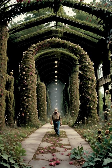 Overgrown botanical garden, twisted vines and blooming flowers, survivors finding respite amid beauty and danger. ,screen cap from George A. Romero's Twilight of the Dead" , twilight_of_the_dead