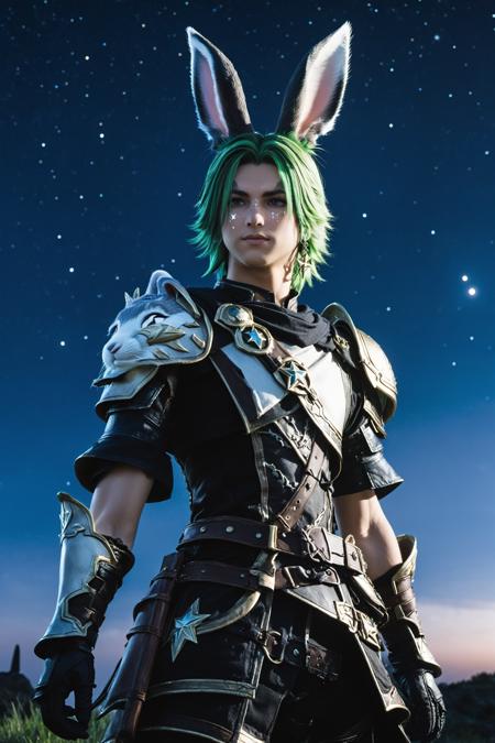 Khitli Viera,  1boy,  male focus,  solo,  short hair,  gloves,  animal ears,  jewelry,  weapon,  earrings,  outdoors,  green hair,  sky,  rabbit ears,  armor,  from side,  night,  moon,  shoulder armor,  star (sky),  night sky,  starry sky,  viera, <lora:EMS-44604-EMS:0.400000>