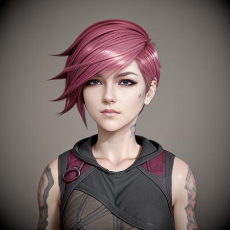 <lora:ArcaneVi-000021:1> arcanevi, a woman with medium short pink hair wearing a black dress, female face, unreal engine character art, portrait