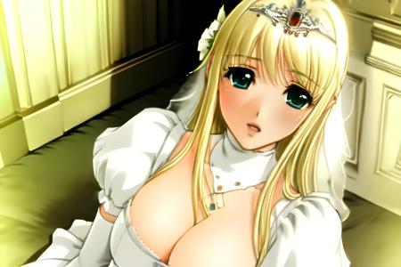 Juliette aqua eyes  tiara bridal veil hair flower collar  white gown with Puffy Sleeves pink dress school uniform white elbow gloves white thigh highs  black thigh highs  smile frown  surprised bored