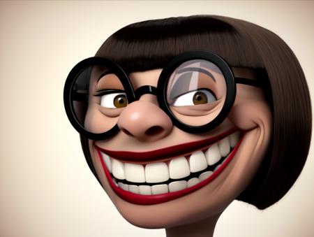 <lora:tr0ll:0.6>, tr0ll face,   <lora:Edna:0.9>, edna,  black hair, circular glasses, grin, extremely detailed, official art, creases, hyper realistic, large eyes, pale skin, reflection on hair, brown  eyes,  realistic mouth, lipstick, round head, devious, large grin, smiling, perfect eyes, perfect teeth, meme, rage comic, RAW photo,  three-quarter,  wearing suit, 8k uhd, dslr, soft lighting, high quality, film grain, Fujifilm XT3, simple background
