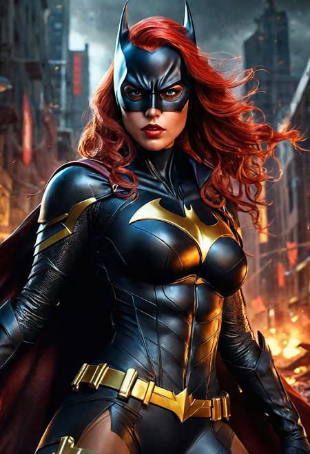 High resolution ultra-realistic of beautiful realistic Batgirl fighting against alien invasion, cinematic style, standing on a bloody and stormy battlefield in a fighting pose, bloody massacre, realistic modern combat costume, black mask, red cape, perfect athletic figure, wavy red hair, handsome dirty bloody face, beautiful perfect detailed pupils, wet oily shiny skin, covered in dirt and blood, beautiful firm Breasts, defiant and seductive, sexy 20 year old girl, 8k resolution concept art portrait by Greg Rutkowski, Dark Gotham City, Artgerm, WLOP, Alphonse Mucha, dynamic lighting, hyperdetailed, intricately detailed, Splash art trending on Artstation triadic colors, Unreal Engine, 5 volumetric lighting, Cinematic Lighting, intricate, smooth, sharp focus digital painting, Asymmetrical Balance, painting, dynamic lighting