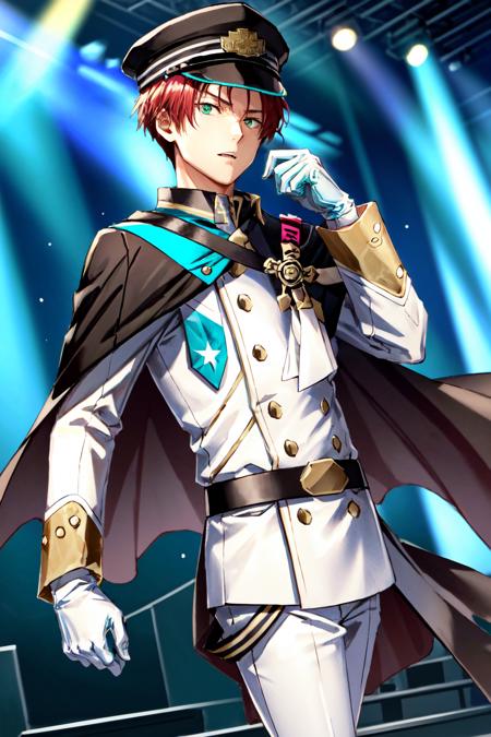 mayumi eishin\(side-m\), solo, looking at viewer, red hair, short hair, green eyes, pants, shirt, gloves, long sleeves, white pants, 1boy, sirius, black hat, white jacket, male focus, belt, pants, military uniform, white gloves, cape, black headwear, black cape, black peaked cap, light particles, backlighting, adjusting clothes, adjusting cap, stage