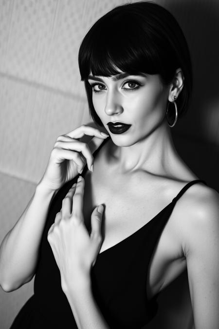 High-contrast black and white portrait photo. A Russian woman stands center frame, looking directly at the viewer with a shyly confident expression. Mid-twenties, short dark bob. Black dress, deep plunging neckline, slipped off left shoulder, revealing small left breast, areola, and nipple. Visible nipple is a central element. Her finger touches her bare nipple, cheeks are flushed. Sleeveless dress, bare shoulders, large hoop earrings. Simple textured background. Dramatic lighting, dark lipstick. Sophisticated, elegant, intimate, inspired by Anders Petersen.