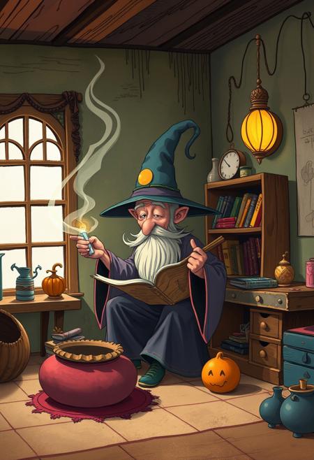 Wizard weaving spells in his room, whimsical surrealism with bold cartoon energy, vibrant graphic figures in soft painterly dreamscapes, playful exaggerated character design blending into quiet poetic realism, muted nostalgic color palettes with strong outlined shapes, high-energy motion with contemplative surreal storytelling