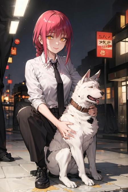 1girl, animal, bangs, black footwear, black necktie, black pants, braid, braided ponytail, business suit, collared shirt, dog, formal, high-waist pants, holding, holding animal, light smile, looking at viewer, makima \(chainsaw man\), necktie, night, pants, ringed eyes, shirt, shirt tucked in, sitting, smile, suit, water, white shirt, yellow eyes <lora:makimav1:0.6>