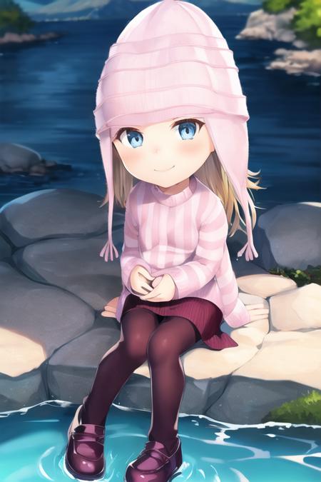 1girl, female child, edith, grey eyes, blonde hair, hat, sweaters, skirt, pantyhose, shoes, full body, sitting, smile, (looking at viewer:1.3), mountain, river <lora:edith-000004:1>