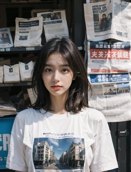 masterpiece,best quality,(photorealistic:1.4),1girl,Body hair,newspaper background,oversize T-shirt,