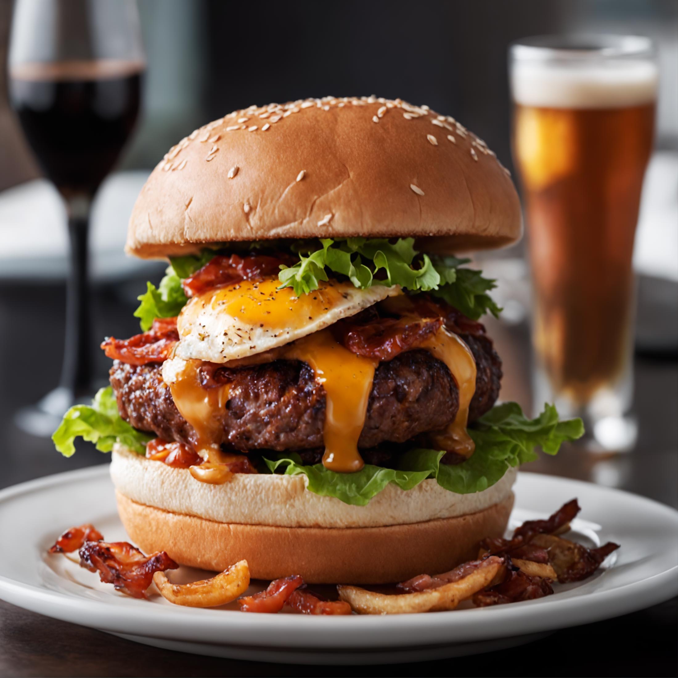 A Burger with Bacon, Cheese and Eggs on a Bread Bun, Served with a Glass of Beer.