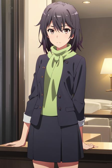 <lora:anime_screencap_v2:0.3> tall body, tall, long legs, mature female, mature, adult, <lora:GoodHands-beta2:1.4>,
 <lora:eft_oregairu_yukinosis-02:0.8> Eft_Oregairu_YukinoSis, 1girl, solo, black hair, looking at viewer, scarf, closed mouth, upper body, brown eyes, indoors, bangs, short hair, hair between eyes, medium hair, jacket