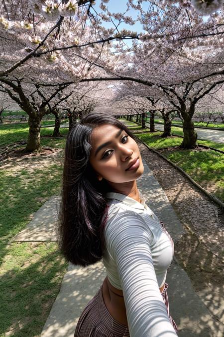(ffc selfie), (pov selfie photo) ,(Bangladeshi (21yo woman) (Abigail Genesis)), Arching back while standing, hands touching the small of the back, hard shadows, cinematic shot, dramatic lighting, (Zigzag part), (at A tranquil, sunlit orchard of cherry blossoms),  <lora:add_detail:1.5>,  <lora:ffc selfie:1>, (beautiful hands, five fingers)