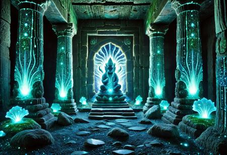 lazypos, An iridescent squirrel deity materializes in the ruins of an ancient temple, its semi-transparent body pulsing with internal bioluminescence that casts shifting violet and teal patterns across moss-covered stone columns. Each strand of its liquid-like fur ripples with contained nebulas, while its massive paw (foreground) reveals glowing skeletal structures beneath the skin, pressing into cracked tiles that fluoresce where contact is made. The creature's eyes burn with supernova intensity, their light refracting through suspended mineral dust in the air. Behind it, crumbling murals depicting forgotten gods begin to glow in sympathetic resonance, their faded pigments reanimating in sapphire and emerald waves that crawl across the walls. Bioluminescent fungi burst from between stones in its wake, forming a luminous trail that leads into the temple's shadowy interior where faint answering glimmers suggest more entities stirring. The composition balances overwhelming detail (individual glowing whiskers catching light like fiber optics) with haunting negative space in the vaulted ruins above