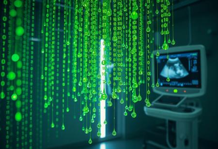 In a futuristic laboratory setting, a mesmerizing matrix of glowing translucent binary digits of code cascades downward, comprising vertical streams of vibrant green coding sequences that seem to defy gravity. The depth of field emphasizes the intricate details of the code droplets, resembling a human embryo suspended in mid-air, connected to the intersection of nodes in the circulatory system. In the background, an ultrasound machine hums softly, its sonogram display providing a 3D rendering of the intricate network.