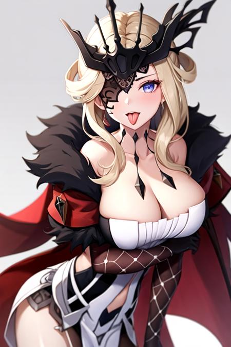 1girl, bare shoulders, black gloves, black mask, blonde hair, blue eyes, breasts, cleavage, coat, collarbone, dress, elbow gloves, eyepatch, fur-trimmed coat, fur trim, gloves, large breasts, long hair, looking at viewer, mask, one eye covered, open mouth, purple eyes, simple background, solo, tongue, tongue out, upper body, white background,(shiny skin),signora \(genshin impact\),(masterpiece:1.4),(best quality:1.4)