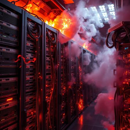 "A high-tech server room engulfed in fire and chaos, cables sparking and glowing red-hot from heat. Flames lick the metallic surfaces of the racks, while smoke swirls around, creating dramatic shadows and intense lighting. The scene feels epic, with fiery reflections bouncing off the servers, some visibly melting or sparking under pressure."