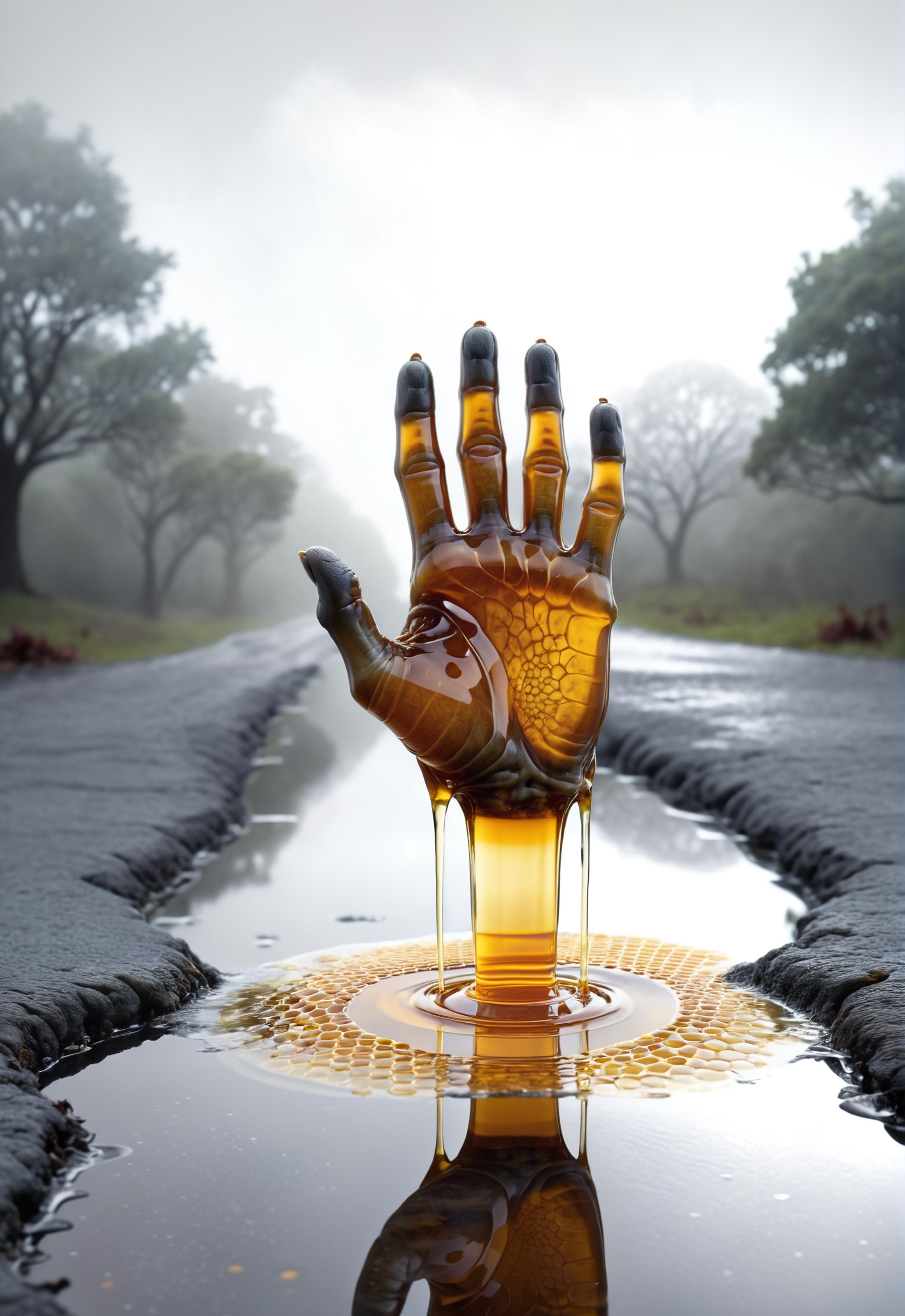 A Hand with Honey Oozing Out of It on a Roadway