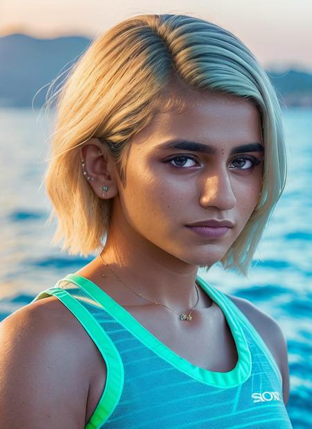 portrait of skswoman, suspicious , wearing activewear , with natural blonde French bob , background ocean epic (photo, studio lighting, hard light, sony a7, 50 mm, matte skin, pores, colors, hyperdetailed, hyperrealistic), <lyco:Priya Prakash Varrier:1.1>