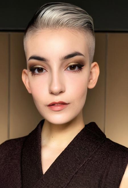 22 yrs Beautiful woman, extreme undercut pixie haircut, slicked hair combed in right-side part, (skin fade), dark shaved sides and back of head, dyed platinum hair, Flowing pastel sleeveless gown, (close-up, editorial photograph), [[Wide-angle photo]], (background inside dark, moody, private study:1.3), full body portrait, by lee jeffries, nikon d850, film stock photograph, 4 kodak portra 400, camera f1.6 lens, rich colors, hyper realistic, lifelike texture, dramatic lighting, velvia 50, eye contact, faint smile, soft natural makeup, Dark Hazel eyes, Eye contact, pretty young woman in her 20's, good teeth