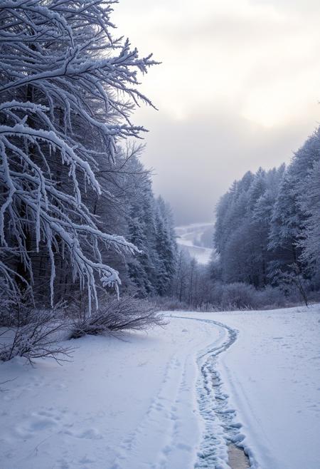 A remote, deep forest where the trees are frozen under a thick layer of frost. The branches are covered with heavy, glittering ice that shimmers in all the colors of the rainbow in the faint dawn light. The ground is covered with a thick layer of snow, streaked with fine ice crystals that sparkle in the light like tiny diamonds. In the background, a winding river can be seen, the water so cold that it has frozen into delicate, round ice crystals at the edges. A fine mist hangs over the river, giving the scene a mystical atmosphere. The sky above is gloomy and gray-white, with only a faint glimmer of sunlight breaking through the dense treetops and making the layers of ice glitter. There is no wind in this landscape, and the silence is overwhelming—only the faint crunching of ice and snow can be heard. The frost leaves everything in an icy, almost magical stillness, as if time itself has been frozen here. It is a scene that captures the pristine beauty and quiet, fragile power of ice in its purest form.
