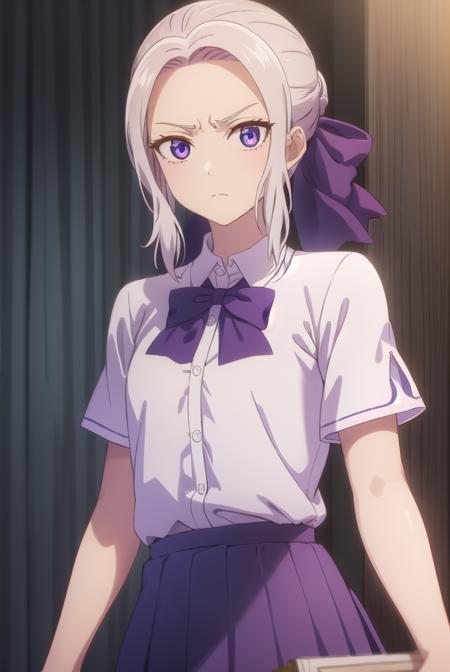 shinokiryuu, <lora:shino kiryuu s2-lora-nochekaiser:1>,
shino kiryuu, (purple eyes:1.1), white hair, hair bow, purple ribbon, frown, angry, (flat chest:1.2),
BREAK skirt, shirt, bow, school uniform, white shirt, short sleeves, pleated skirt, bowtie, blue skirt, 
BREAK indoors, classroom,
BREAK looking at viewer, (cowboy shot:1.5),
BREAK <lyco:GoodHands-beta2:1>, (masterpiece:1.2), best quality, high resolution, unity 8k wallpaper, (illustration:0.8), (beautiful detailed eyes:1.6), extremely detailed face, perfect lighting, extremely detailed CG, (perfect hands, perfect anatomy),