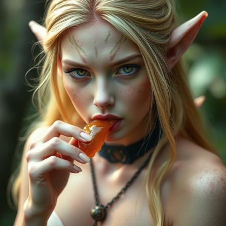 A breathtakingly beautiful elf is looking seductively at the viewer while licking honey off her fingers, best quality, clear focus, high definition, realistic