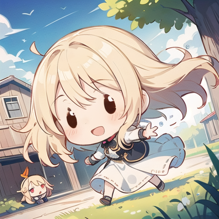 <lora:hotarueye_comic14_v100:1>, 1girl, (chibi:1.4), smile, open mouth, dynamic angle, dynamic pose, , blonde hair, outdoor