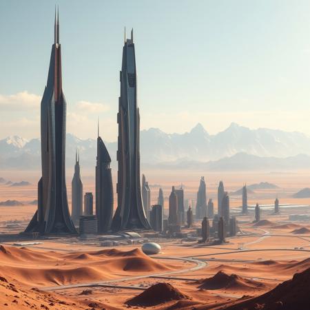 A sprawling futuristic city sits in the middle of a desert, its tall, elegant towers dominating a harsh landscape, in the distance a range of tall jagged peaks of lofty mountains can be seen the snow capped peaks counterpose the city. 8k. highly detailed, digital artwork
