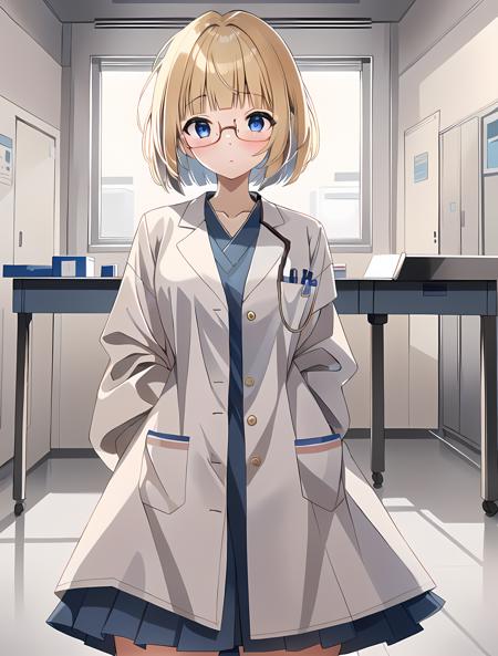 masterpiece, best quality, high quality, labcoat over scrubs, hospital exam room, ((stethoscope)), <lora:LabcoatOverScrubs1_1:0.8> 1girl,(hospital, operating room, infirmiary,clinic),  (kimiko shimoto), <lora:Irene Bradford:0.7> (1girl, 3dcg 05, bangs, blonde_hair, blue eyes, blunt bangs, bob cut, brown hair, brown-framed eyewear, glasses, hair intakes, inverted bob, irene bradford, short hair, small breasts, solo),