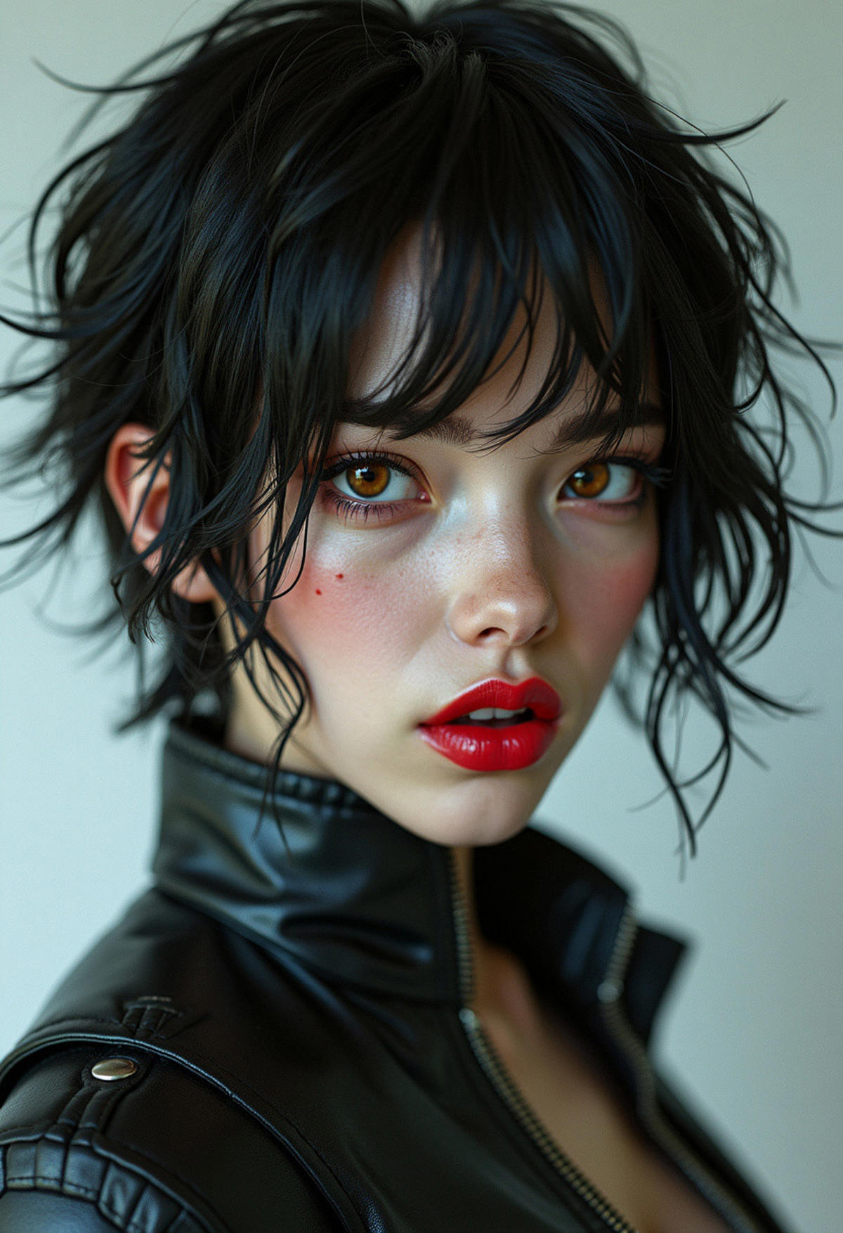 hyperrealistic cyberpunk young woman, short messy wavy black hair, white skin, brown horny eyes, inviting gaze, parted imperial red lips