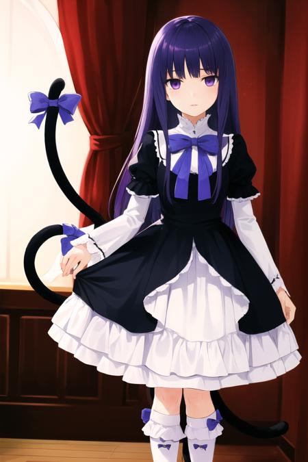 frederica bernkastel, purple eyes, purple hair, long hair purple bow, dress, frills, white kneehighs,  kneehighs bow, mary janes,  cat tail tail ornament empty eyes. expressionless